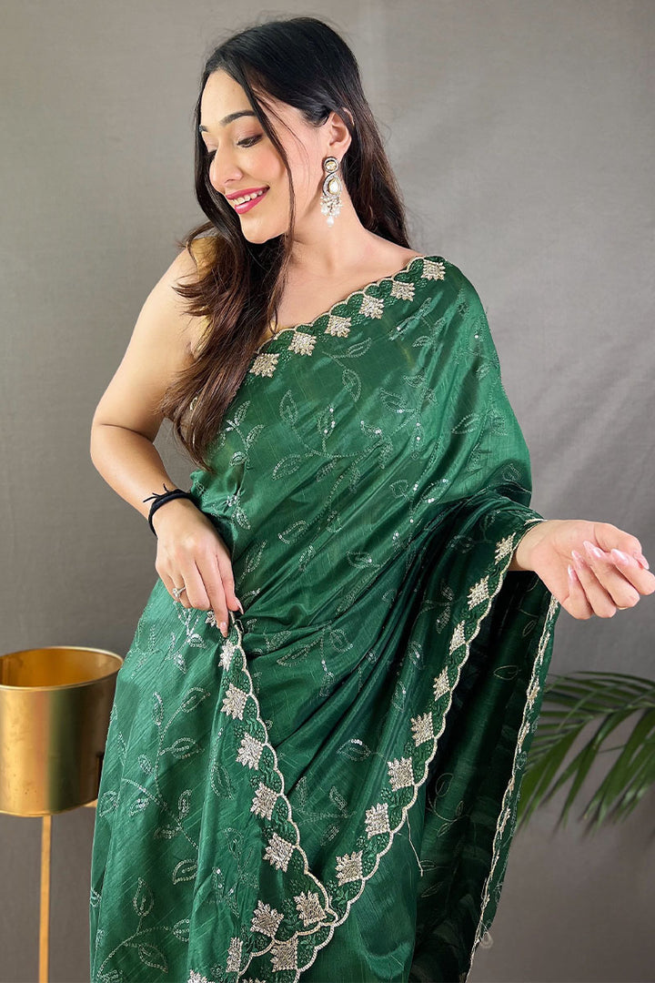 Plantation Green Embroidered SequenceWork Soft Silk Saree