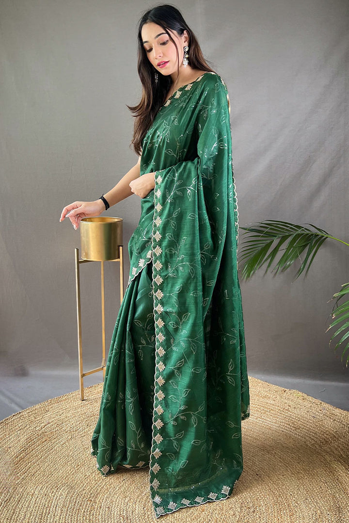 Plantation Green Embroidered SequenceWork Soft Silk Saree