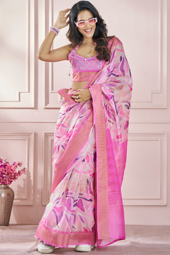 Plum Pink Zari Woven Printed Soft Silk Saree