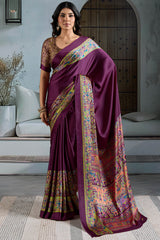 Plum Purple Ajrakh Printed Satin Silk Saree