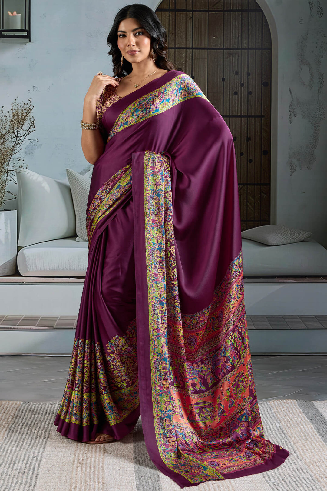 Plum Purple Ajrakh Printed Satin Silk Saree
