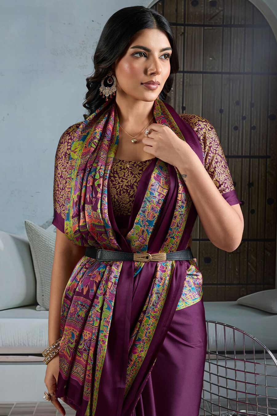Plum Purple Ajrakh Printed Satin Silk Saree