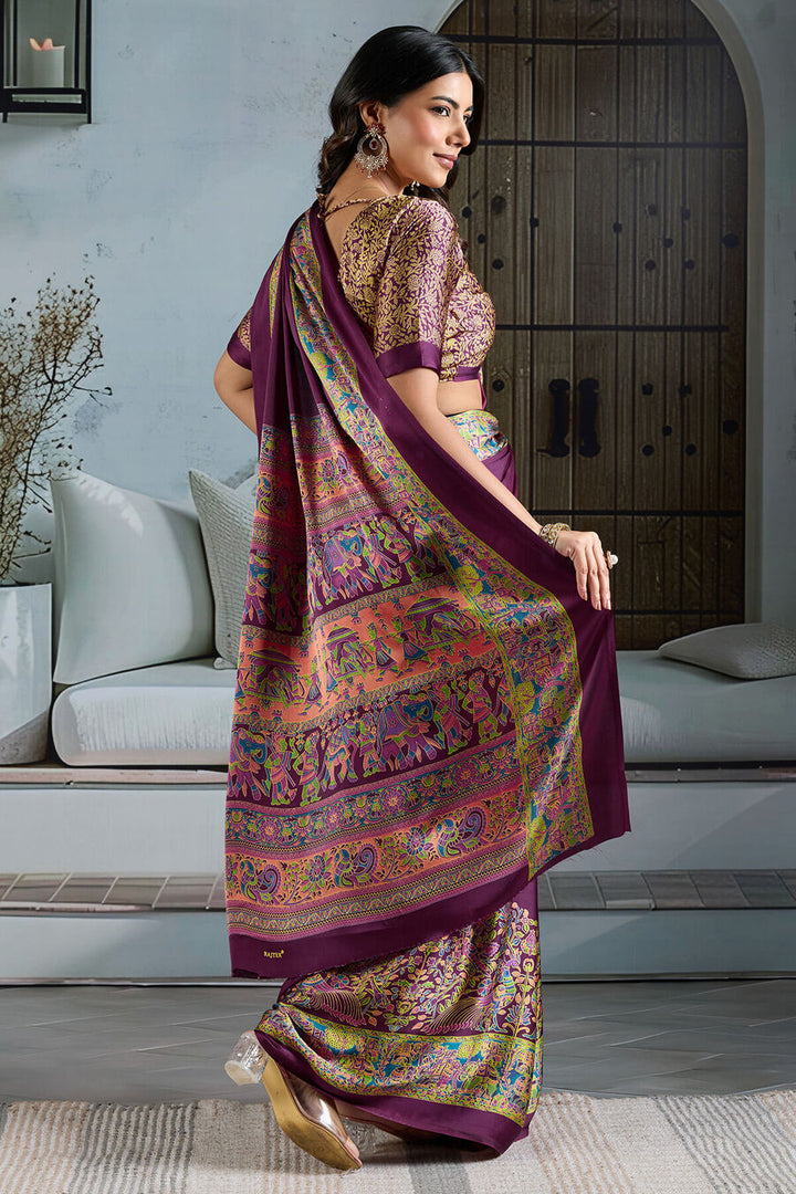 Plum Purple Ajrakh Printed Satin Silk Saree