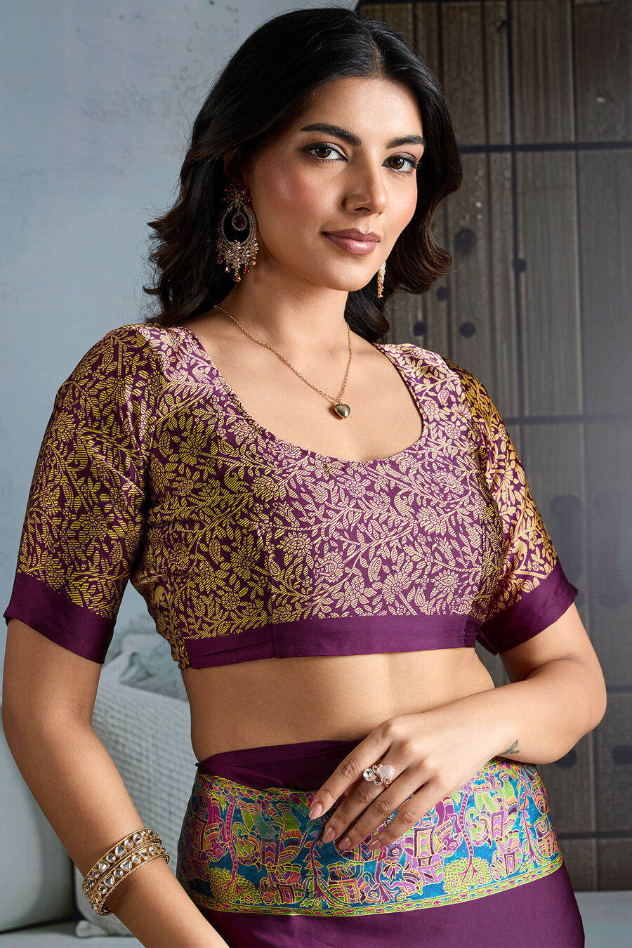 Plum Purple Ajrakh Printed Satin Silk Saree
