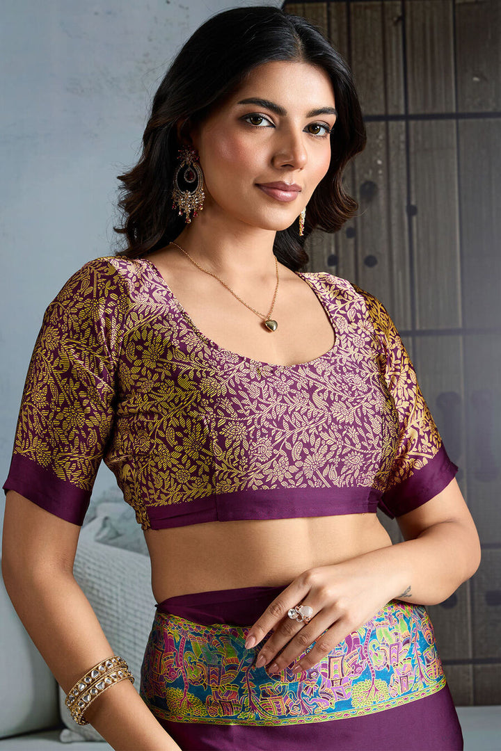 Plum Purple Ajrakh Printed Satin Silk Saree