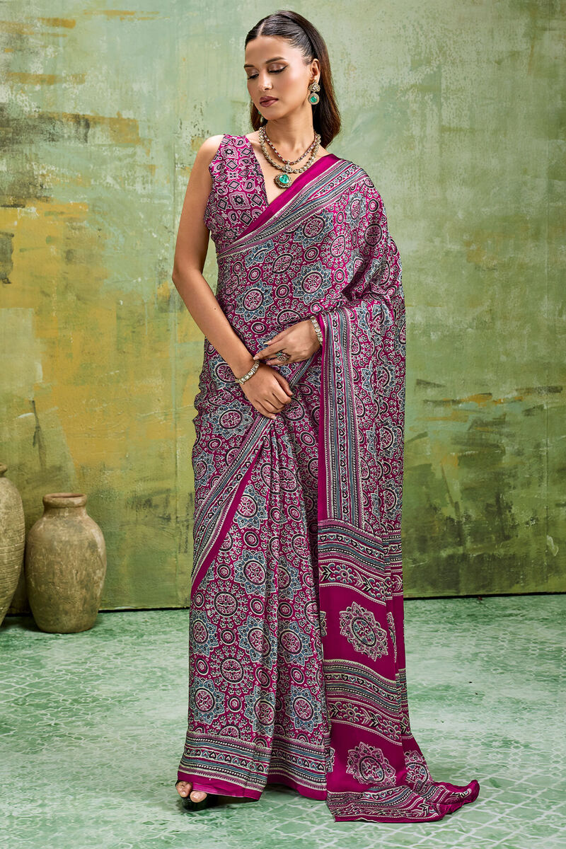 Plum Purple Ajrakh Printed Semi Modal Satin Silk Saree