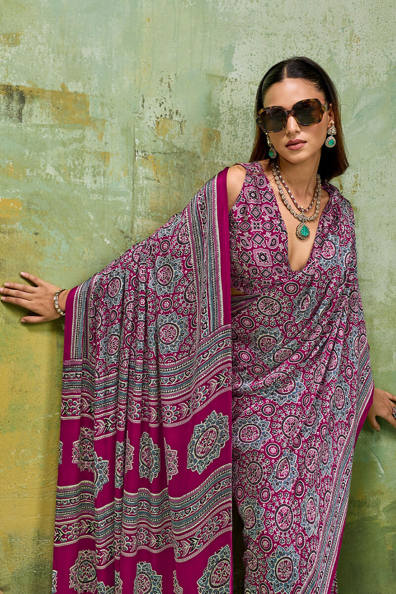 Plum Purple Ajrakh Printed Semi Modal Satin Silk Saree