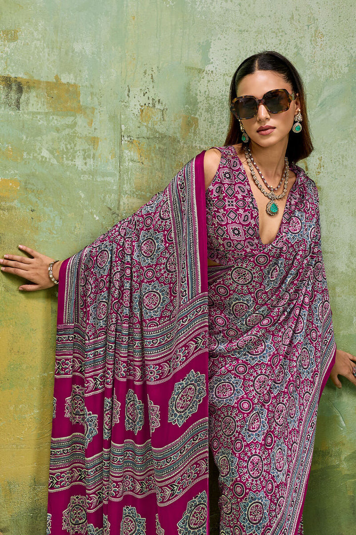 Plum Purple Ajrakh Printed Semi Modal Satin Silk Saree