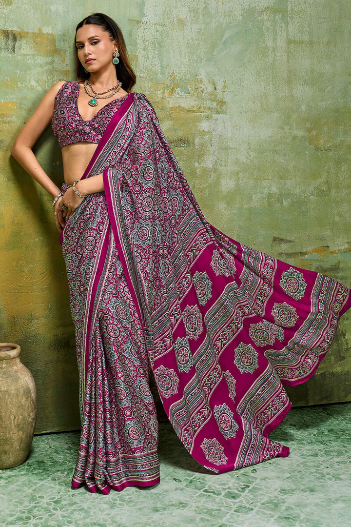 Plum Purple Ajrakh Printed Semi Modal Satin Silk Saree