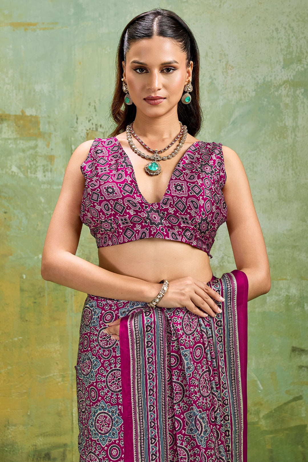 Plum Purple Ajrakh Printed Semi Modal Satin Silk Saree