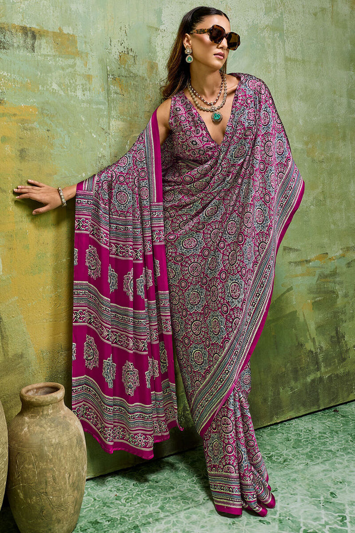 Plum Purple Ajrakh Printed Semi Modal Satin Silk Saree