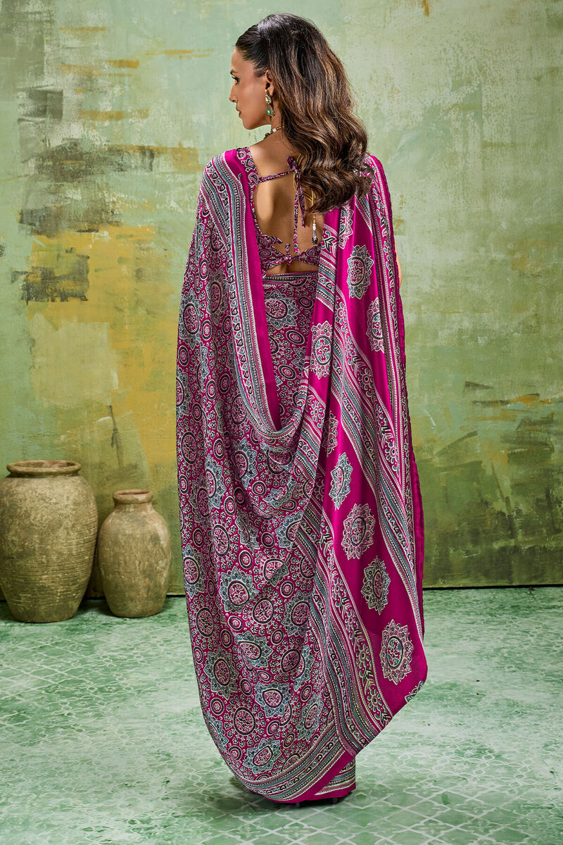 Plum Purple Ajrakh Printed Semi Modal Satin Silk Saree