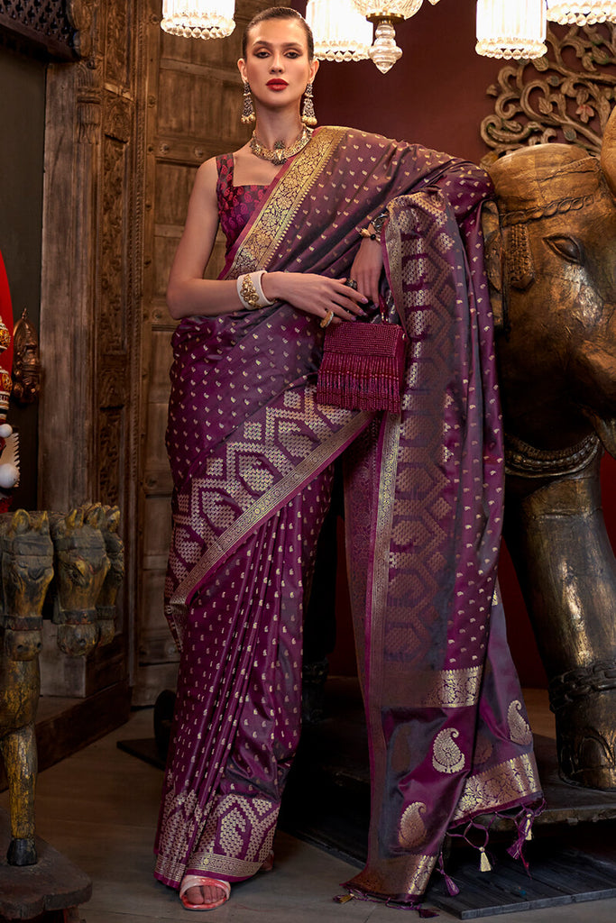 Plum Purple Banarasi Satin Silk Saree