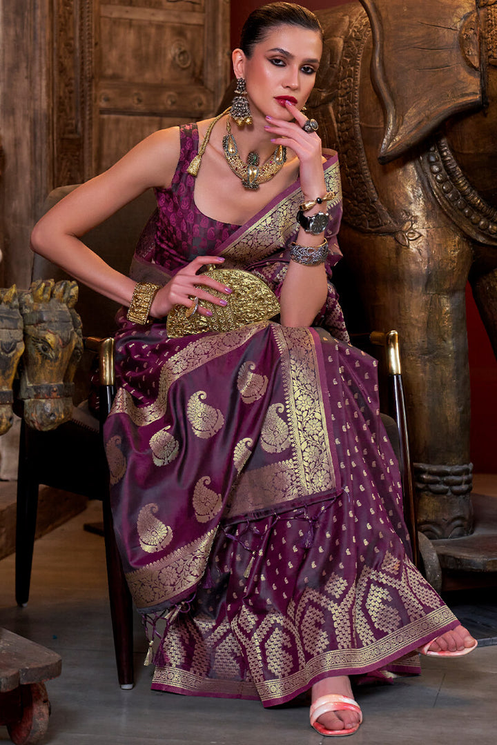 Plum Purple Banarasi Satin Silk Saree