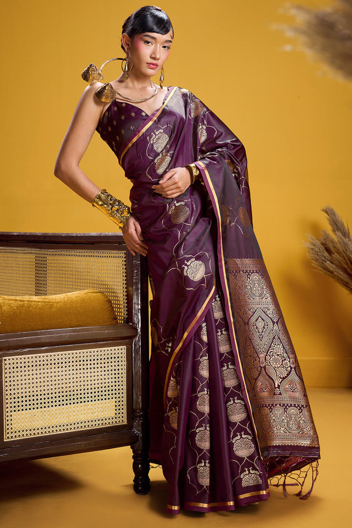 Plum Purple Zari Woven Banarasi Satin Silk Saree