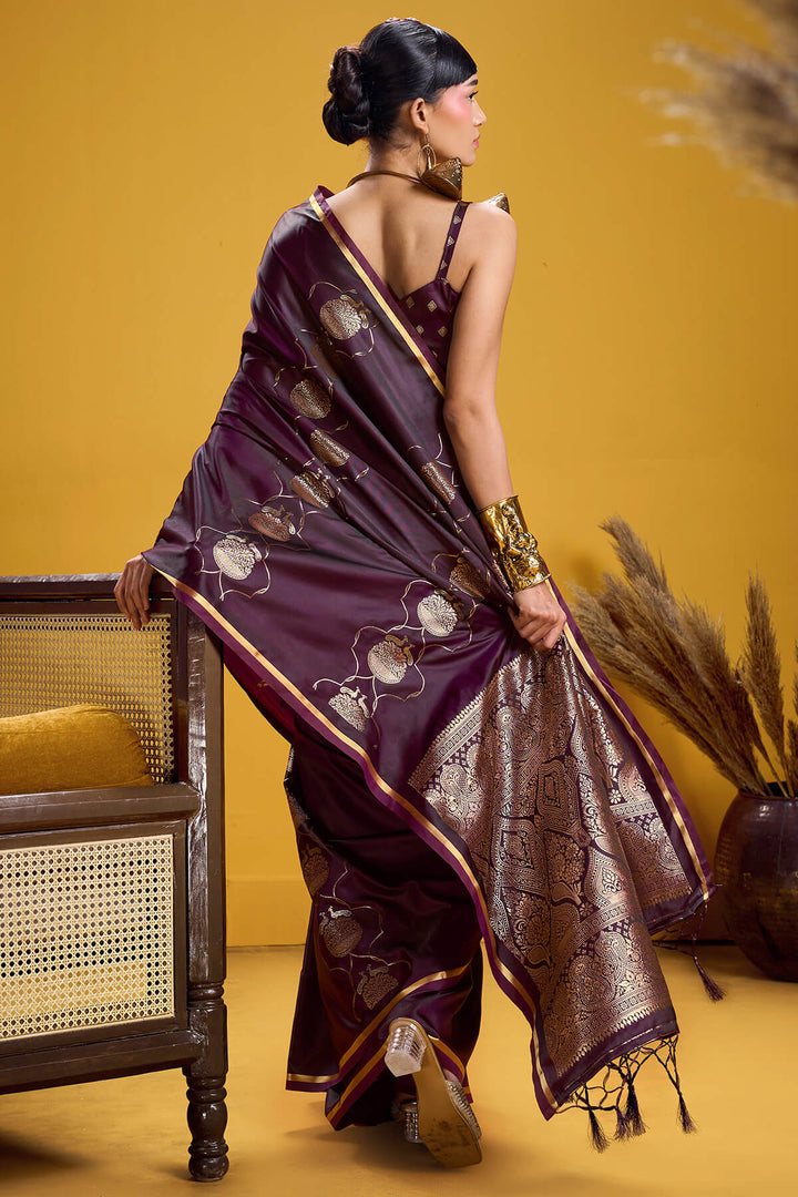 Plum Purple Zari Woven Banarasi Satin Silk Saree