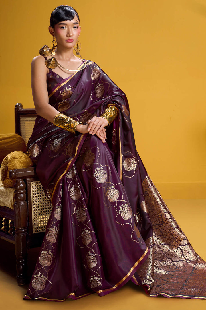 Plum Purple Zari Woven Banarasi Satin Silk Saree