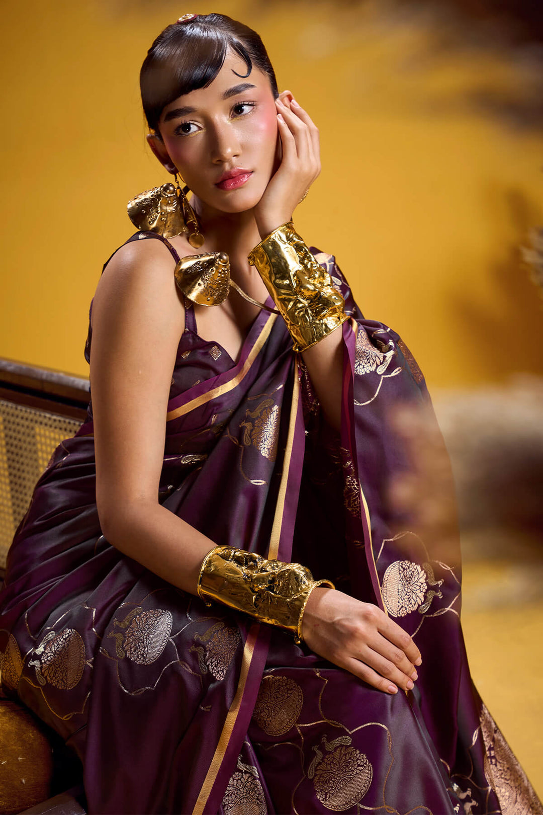 Plum Purple Zari Woven Banarasi Satin Silk Saree