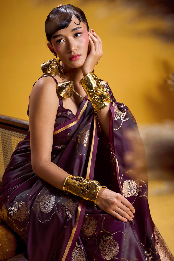 Plum Purple Zari Woven Banarasi Satin Silk Saree