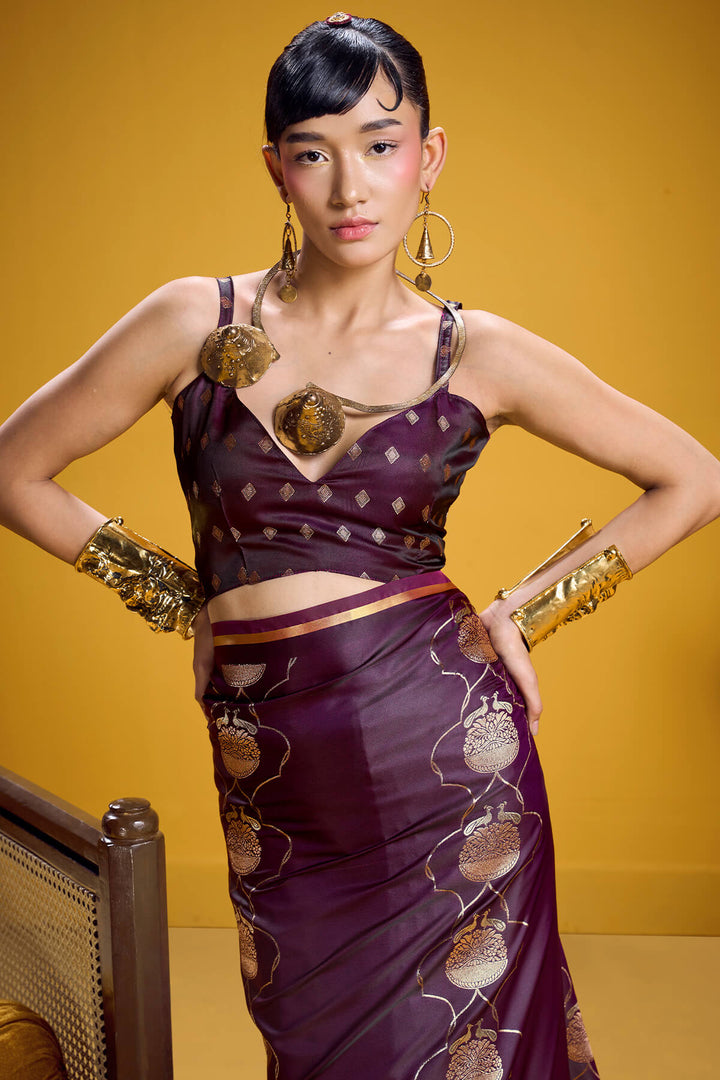 Plum Purple Zari Woven Banarasi Satin Silk Saree