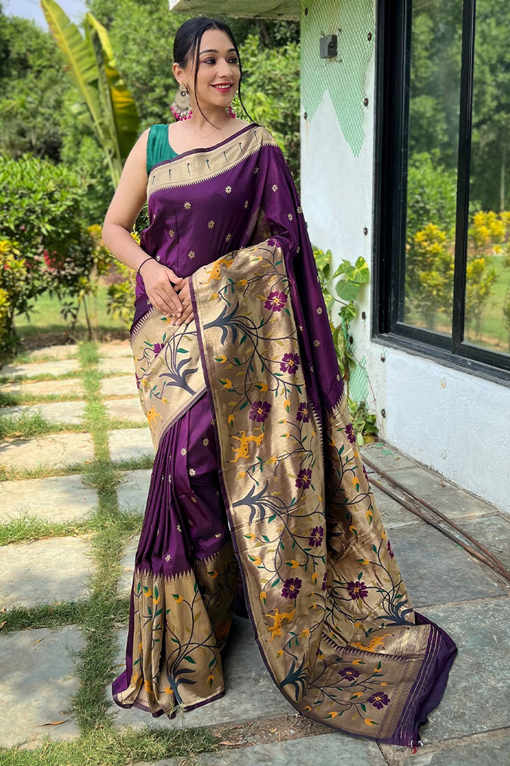 Plum Purple Zari Woven Paithani Silk Saree