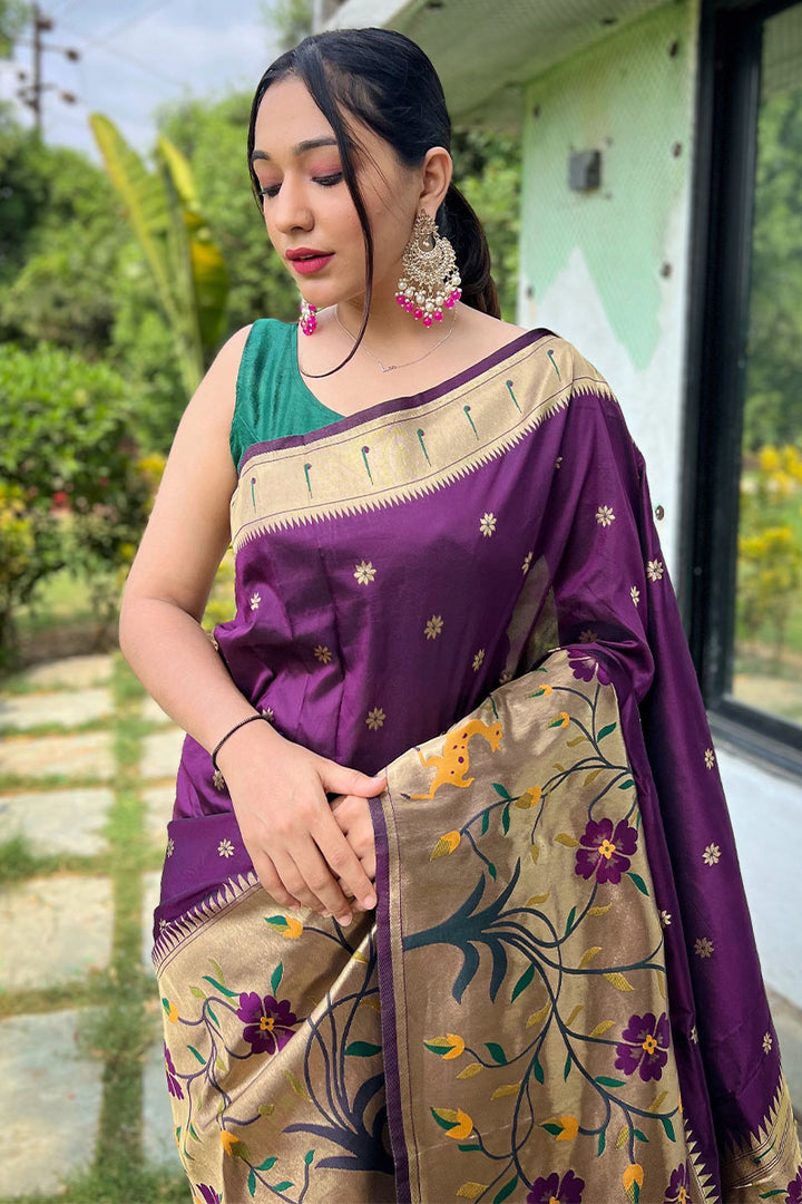 Plum Purple Zari Woven Paithani Silk Saree