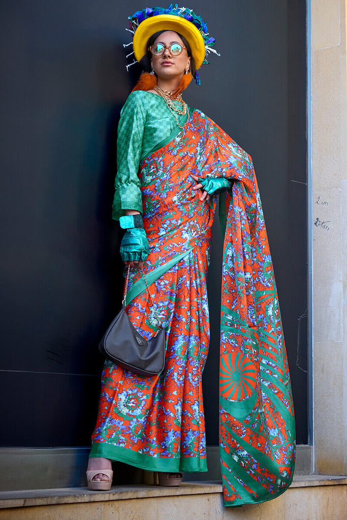 Portland Orange Printed Satin Silk Saree