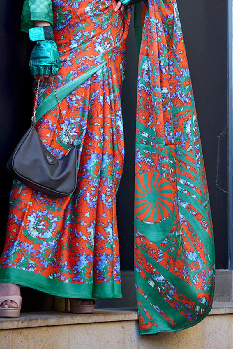 Portland Orange Printed Satin Silk Saree