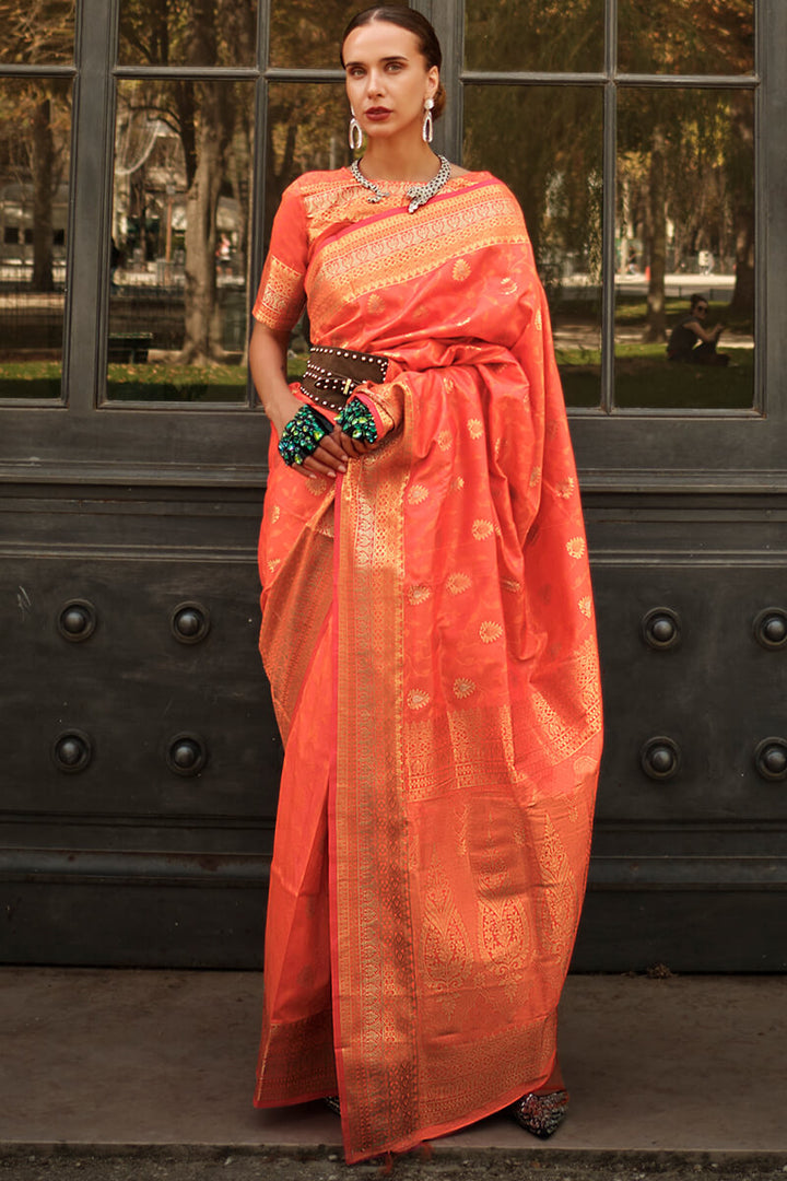 Portland Orange Soft Banarasi Silk Saree