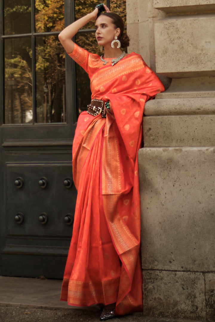 Portland Orange Soft Banarasi Silk Saree