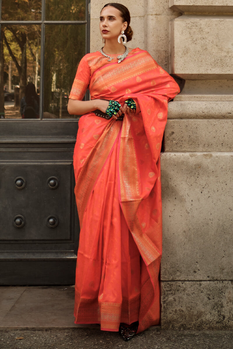 Portland Orange Soft Banarasi Silk Saree