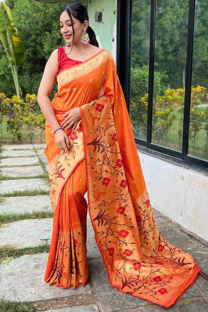 Portland Orange Zari Woven Paithani Silk Saree