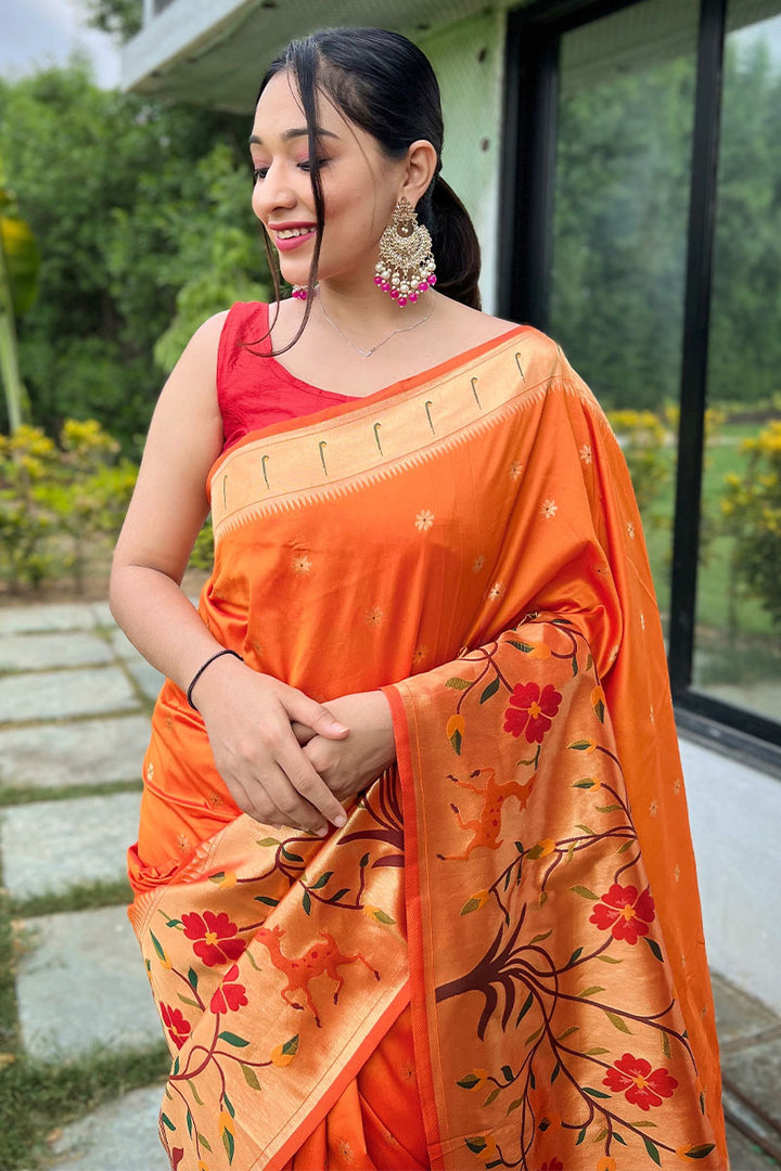 Portland Orange Zari Woven Paithani Silk Saree