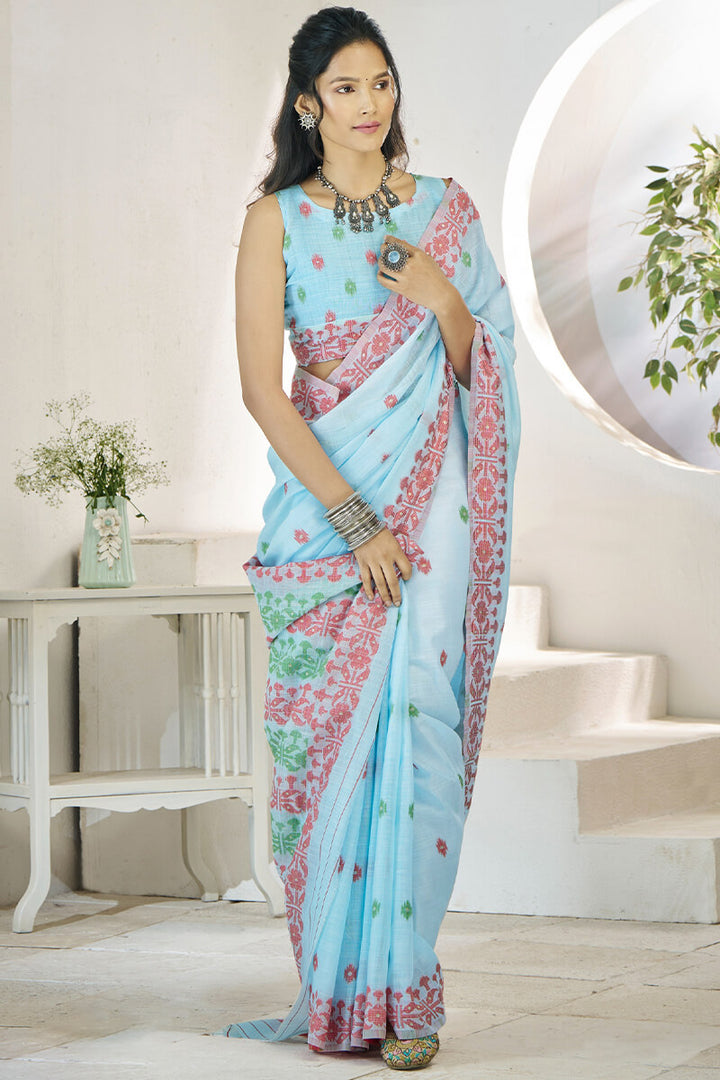 Powder Blue Soft Linen Silk Saree