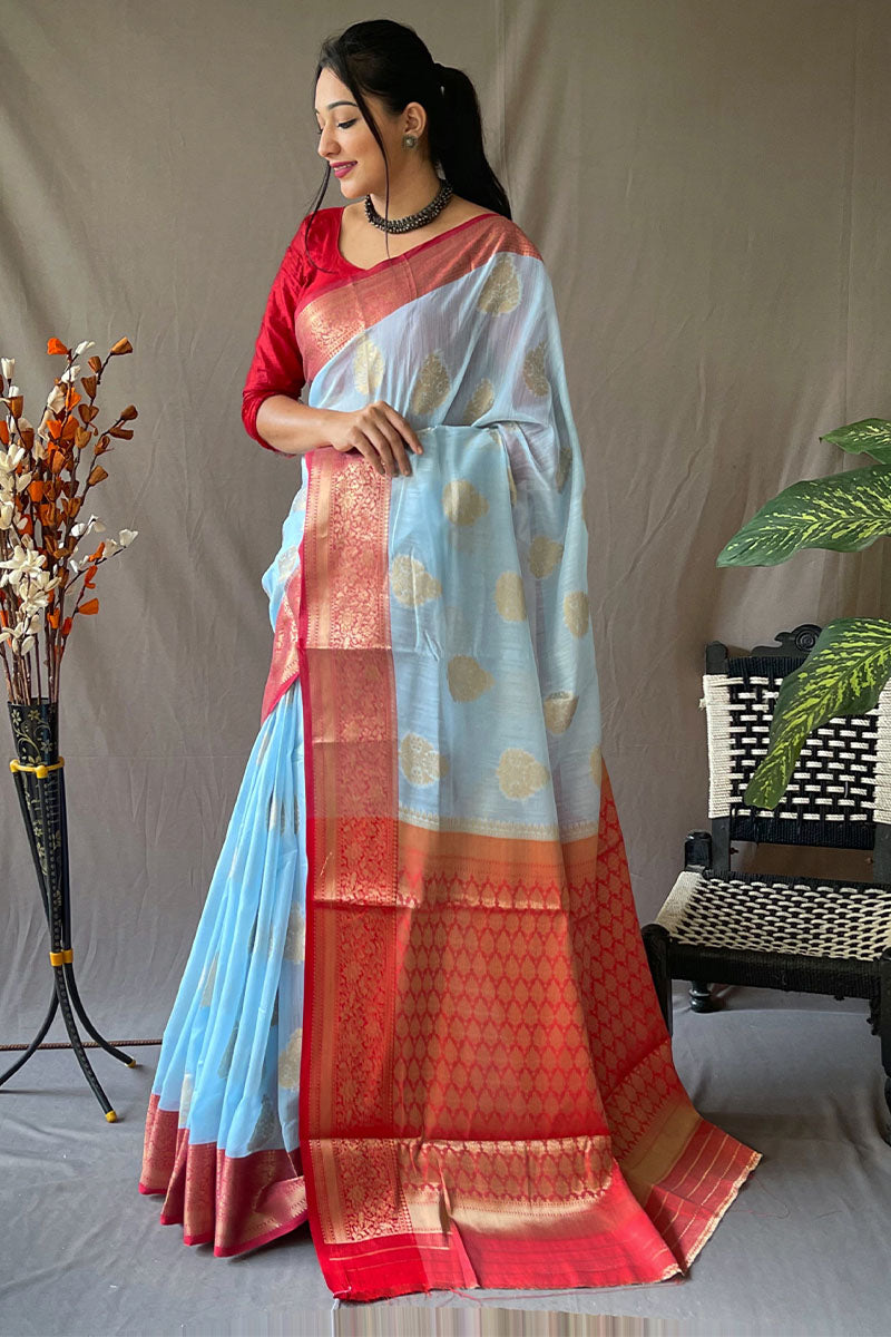 Powder Blue Zari Woven Linen Silk Saree