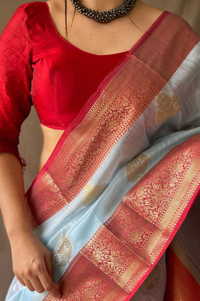 Powder Blue Zari Woven Linen Silk Saree