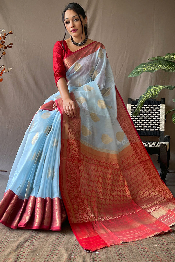 Powder Blue Zari Woven Linen Silk Saree