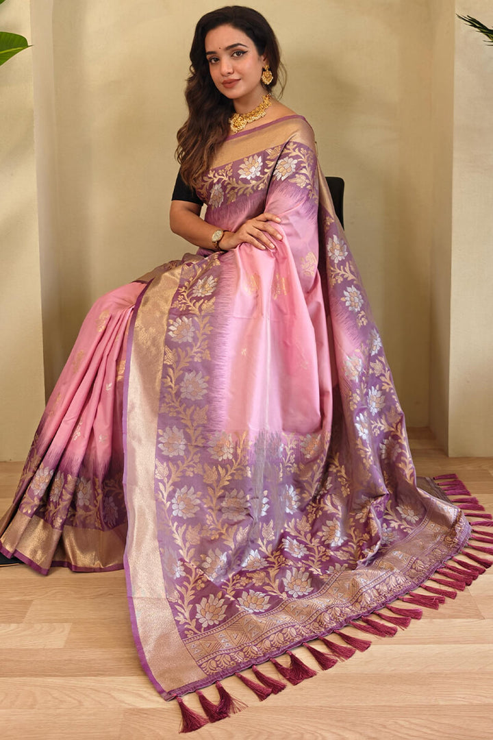 Powder Pink Banarasi Silk Saree with Designer Chaap Border