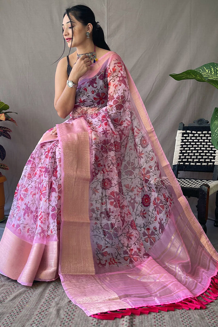 Powder Pink Kalamkari Printed Organza Silk Saree