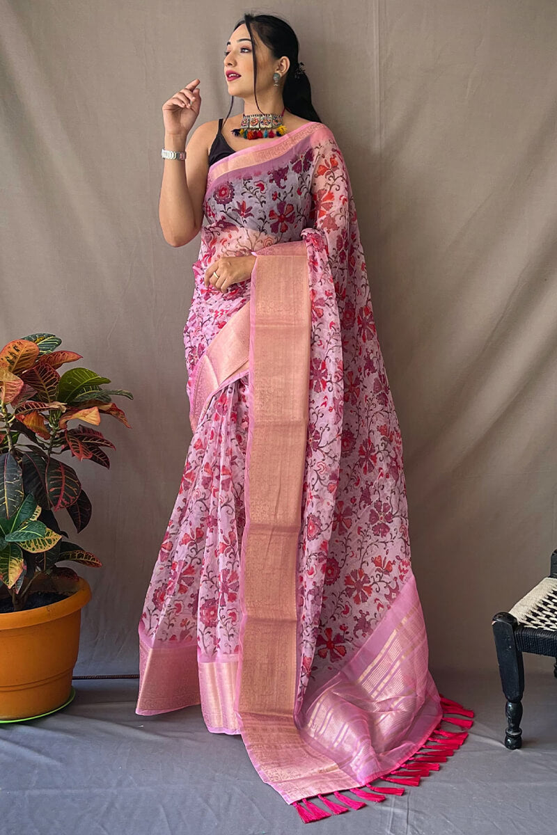 Powder Pink Kalamkari Printed Organza Silk Saree