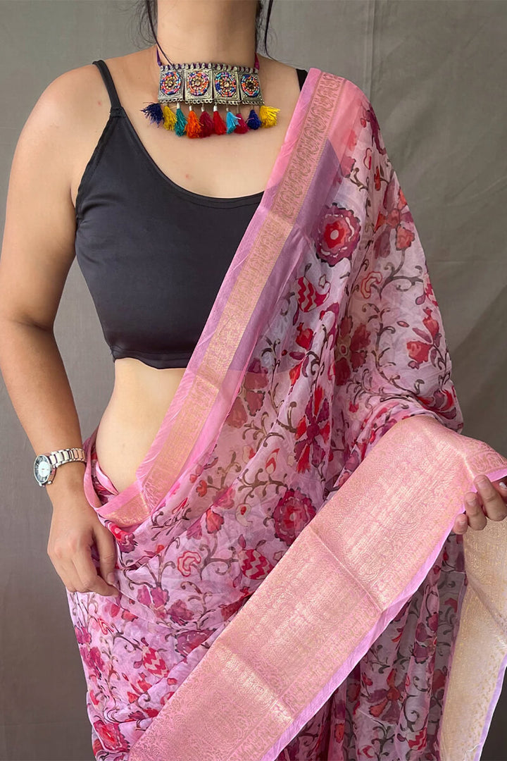 Powder Pink Kalamkari Printed Organza Silk Saree