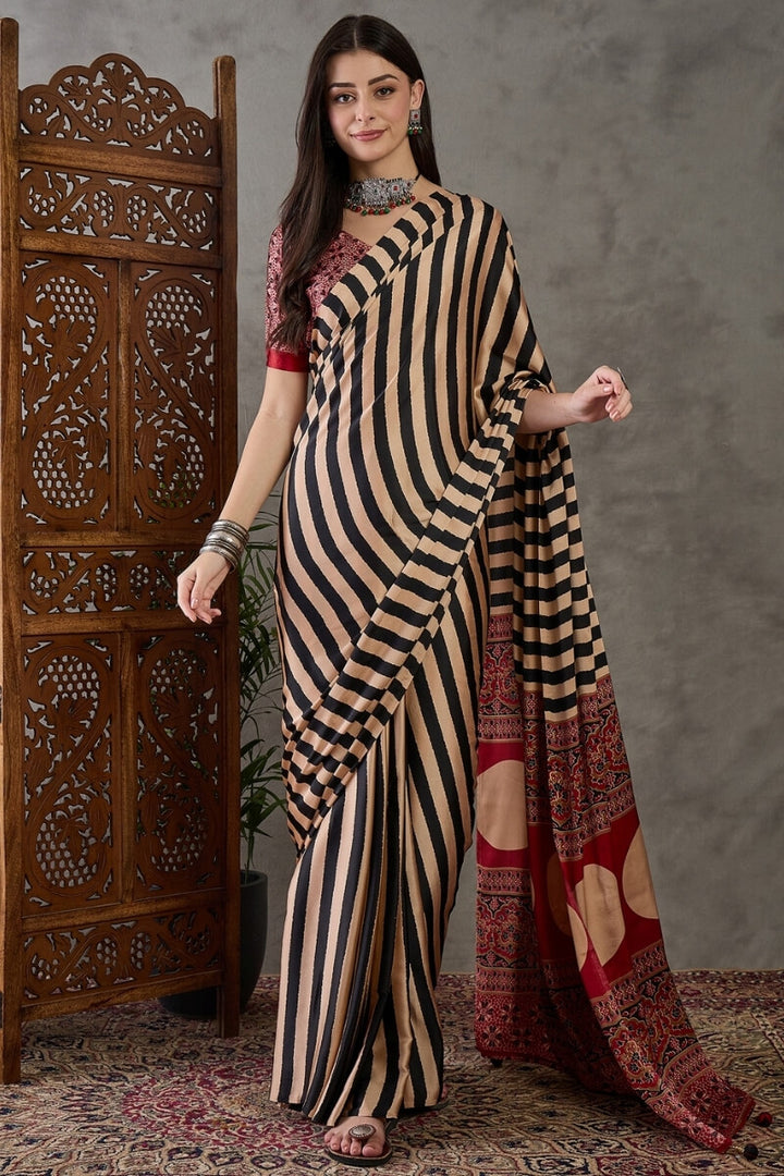 Primeval Black Stripe Ajrakh Printed Satin Silk Saree