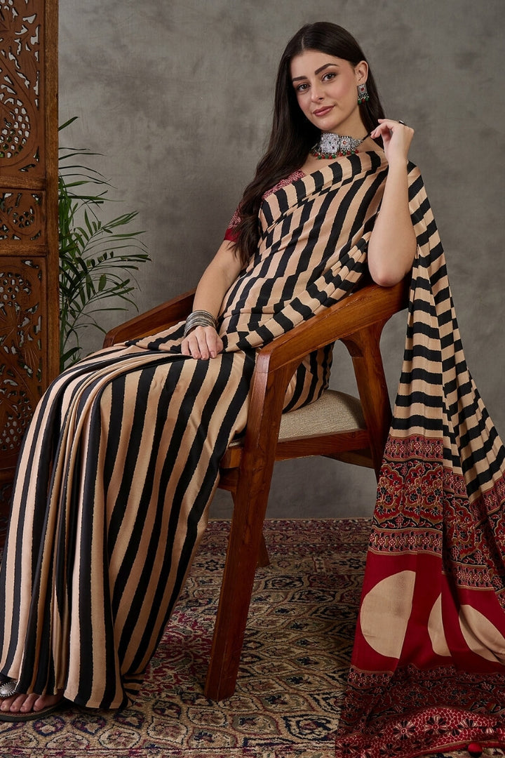 Primeval Black Stripe Ajrakh Printed Satin Silk Saree