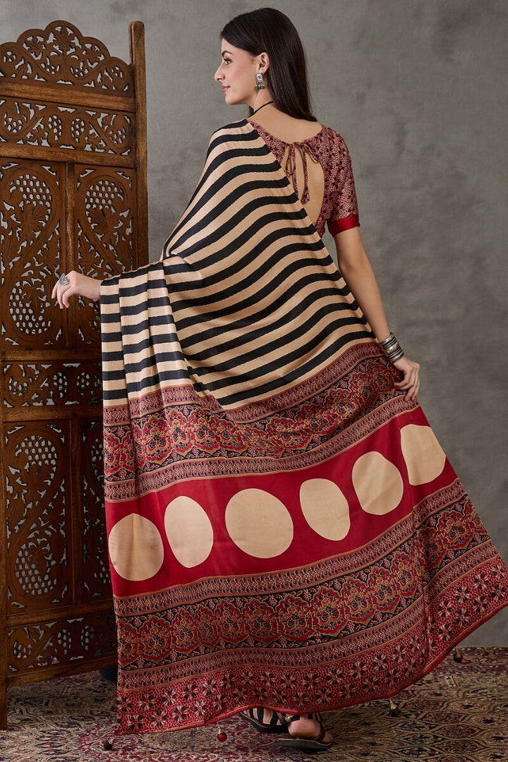 Primeval Black Stripe Ajrakh Printed Satin Silk Saree