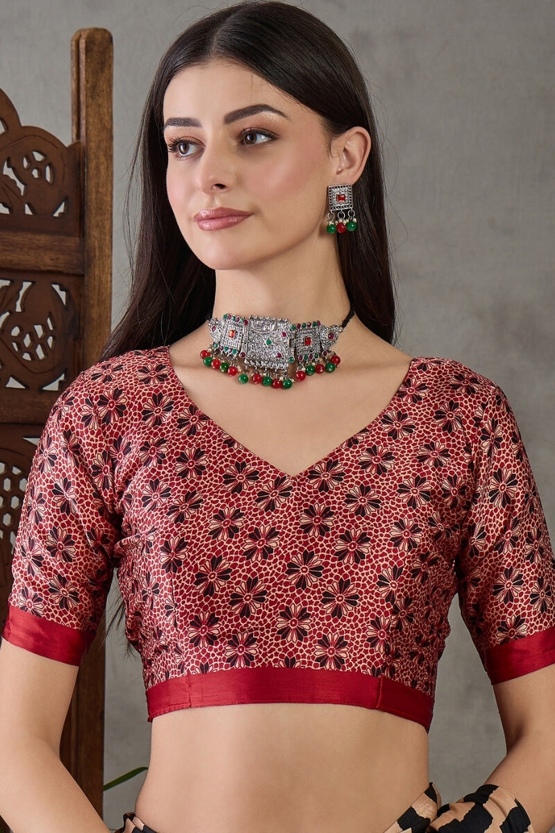 Primeval Black Stripe Ajrakh Printed Satin Silk Saree