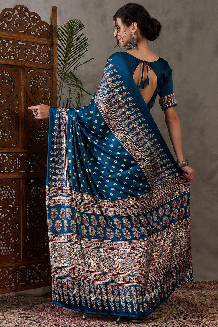 Prussian Blue Ajrakh Printed Satin Silk Saree