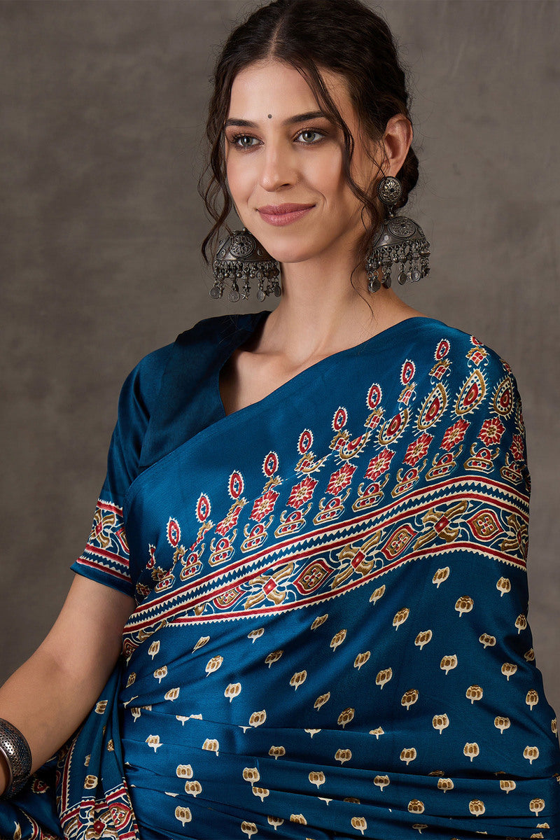 Prussian Blue Ajrakh Printed Satin Silk Saree