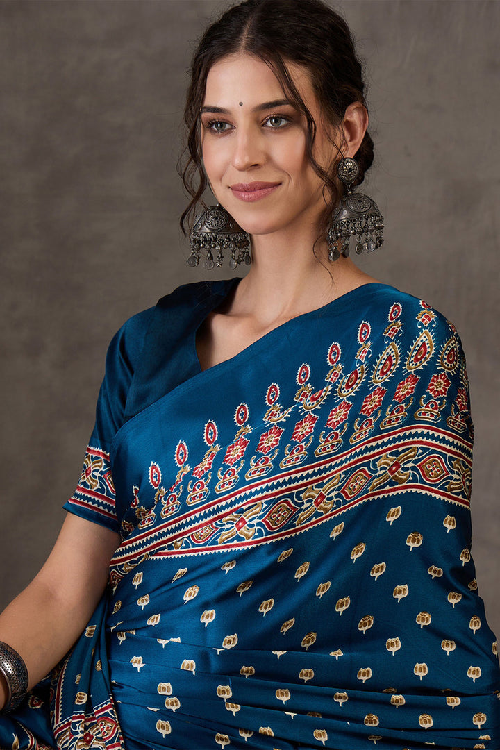 Prussian Blue Ajrakh Printed Satin Silk Saree