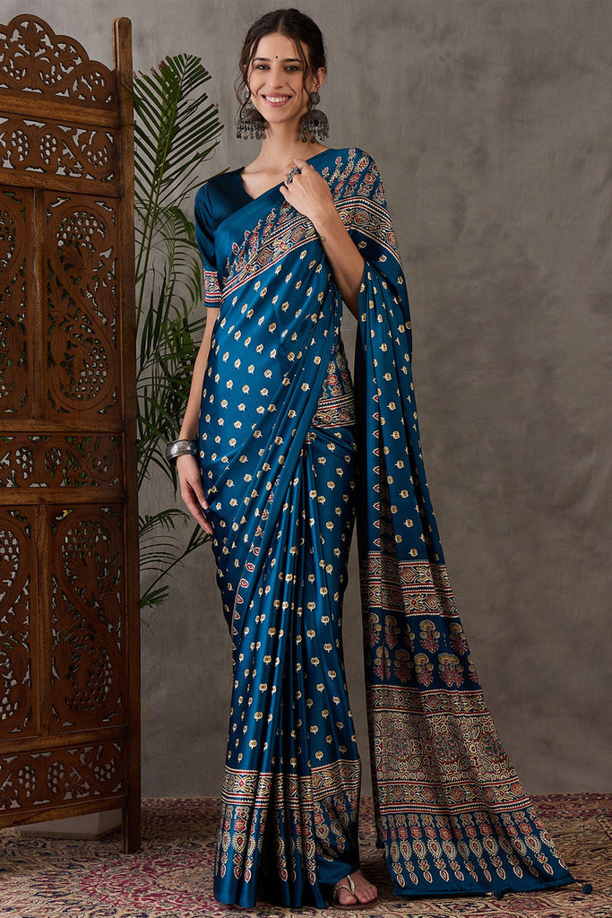 Prussian Blue Ajrakh Printed Satin Silk Saree
