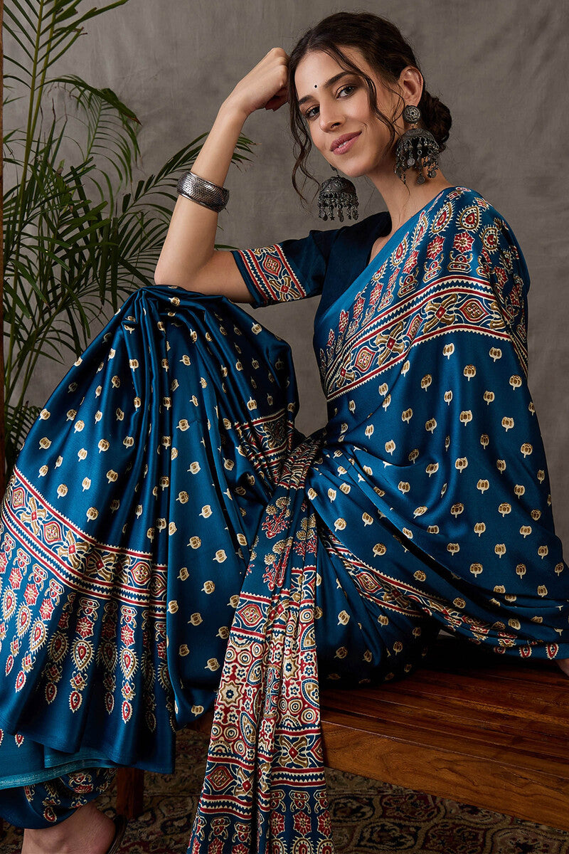 Prussian Blue Ajrakh Printed Satin Silk Saree